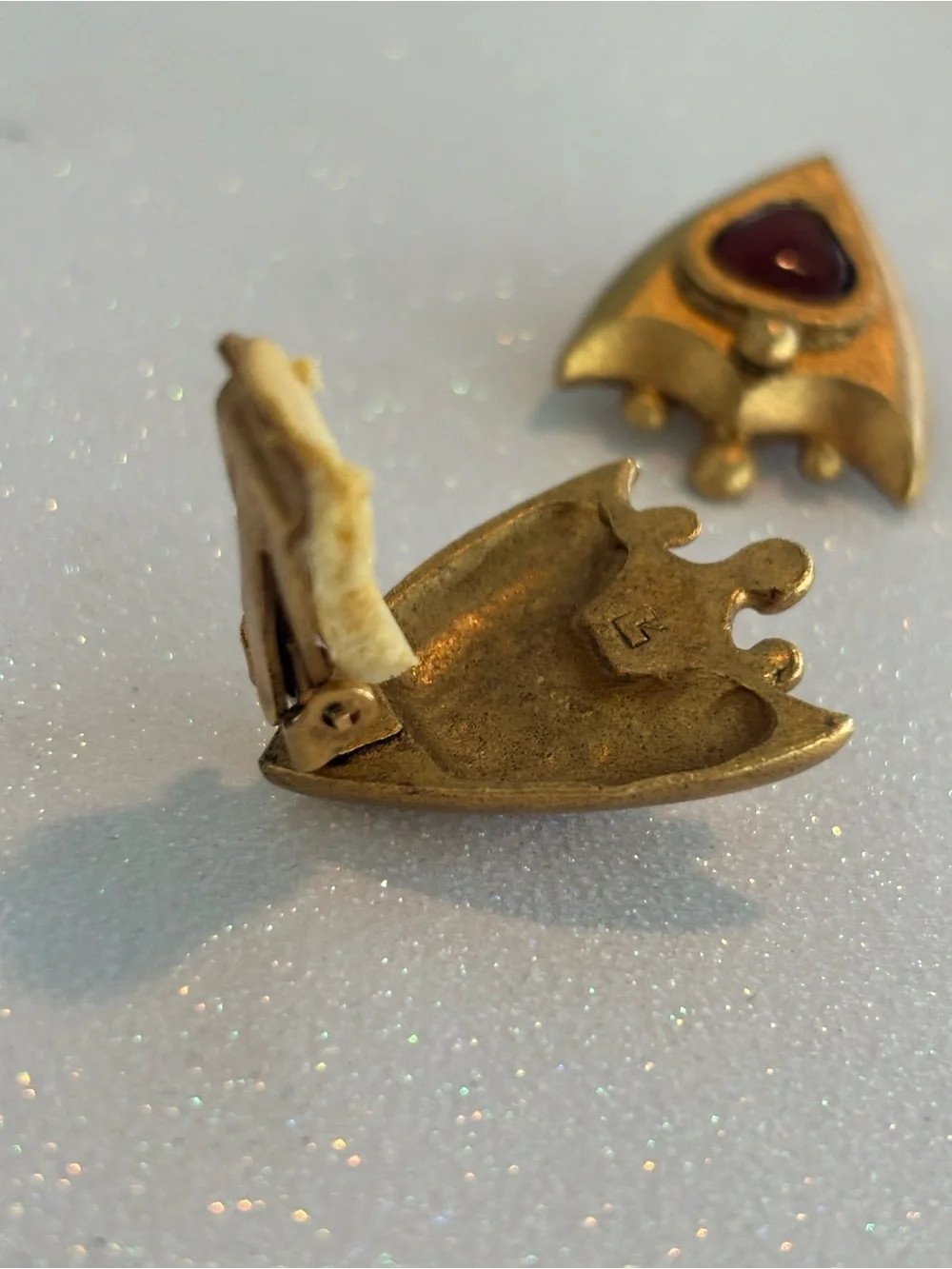 Vintage Brushed Gold and Red Clip Earrings